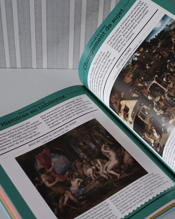 Livre pour enfants avec une couverture colorée représentant un musée, vue de face.